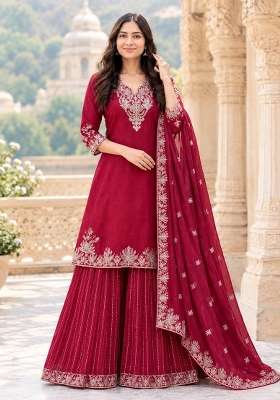 Pink Embroidery Chinon Palazzo Set