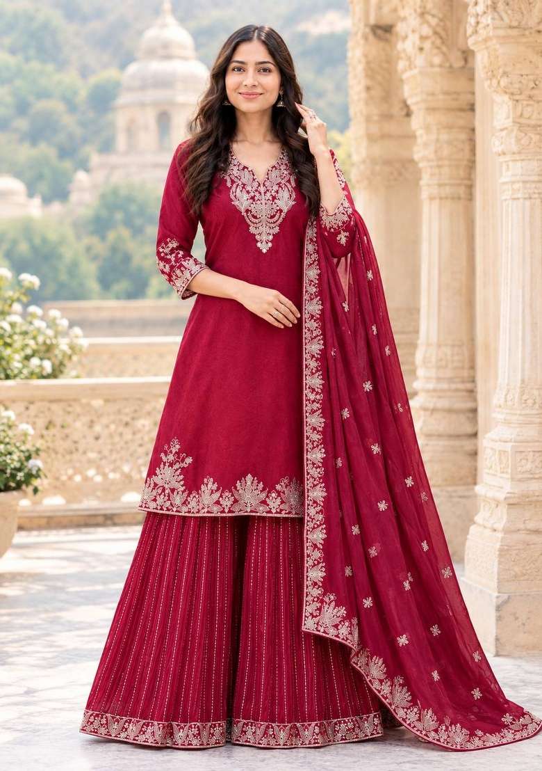 Pink Embroidery Chinon Palazzo Set - Indya