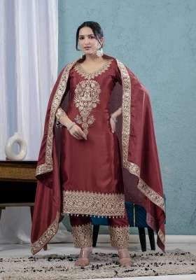 Brown Embroidery Chinon Kurta Set