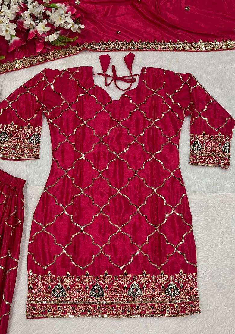 Pink Embroidery Chinon Palazzo Set - Indya