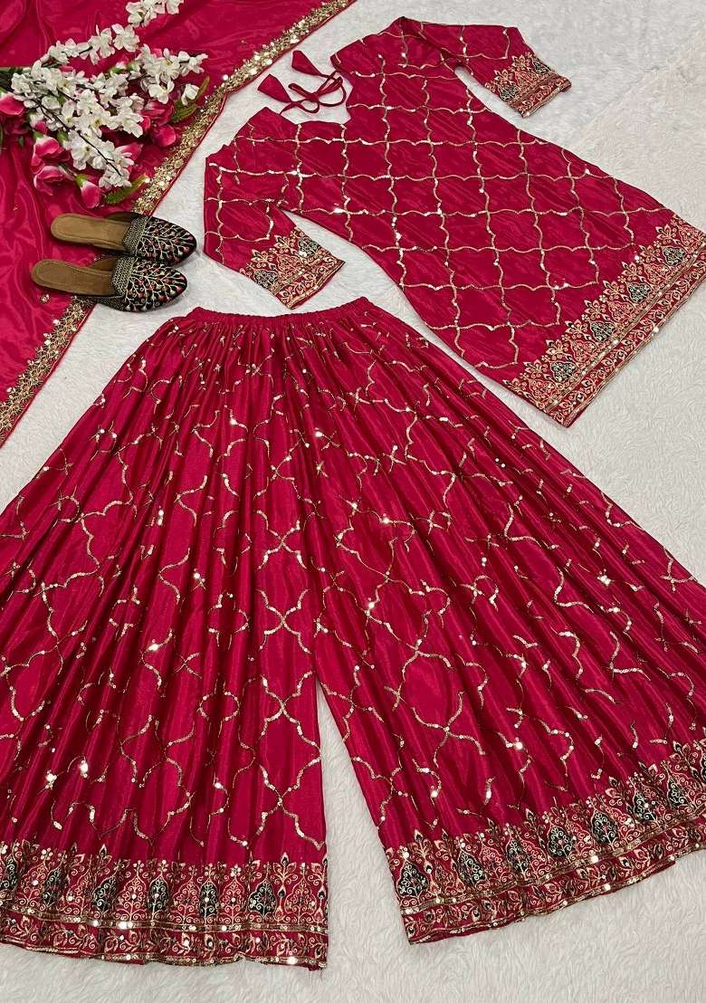 Pink Embroidery Chinon Palazzo Set - Indya