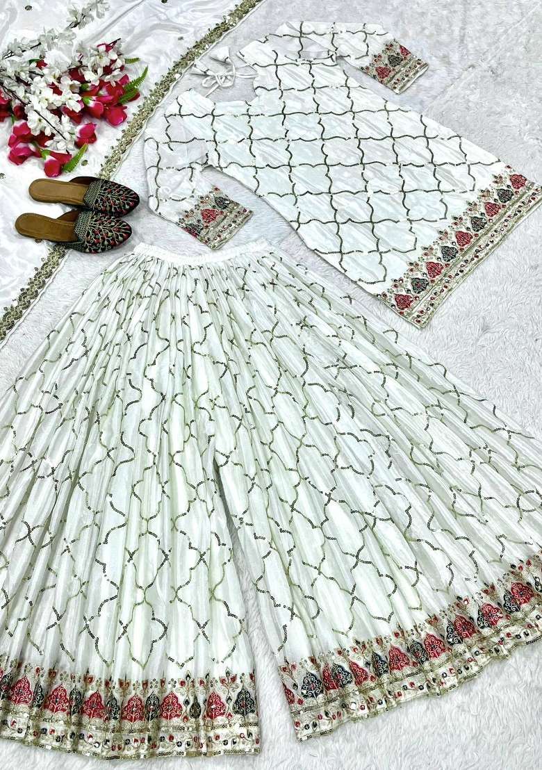 White Embroidery Chinon Palazzo Set - Indya