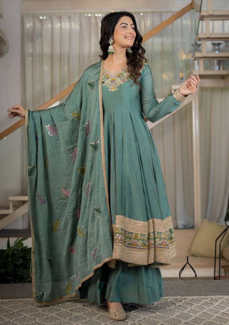 Pista Embroidery Rangoli Crush Palazzo Set - Indya
