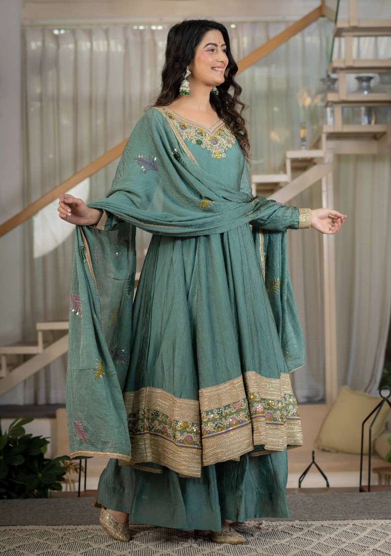 Pista Embroidery Rangoli Crush Palazzo Set - Indya