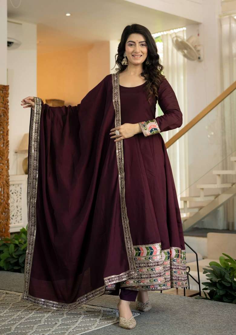 Brown Embroidery Roman Palazzo Set - Indya