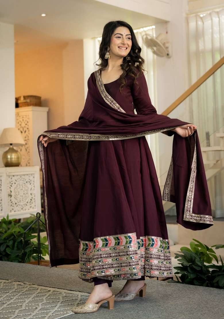 Brown Embroidery Roman Palazzo Set - Indya