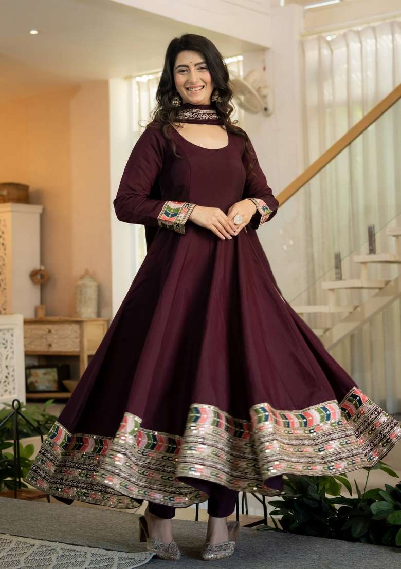 Brown Embroidery Roman Palazzo Set - Indya
