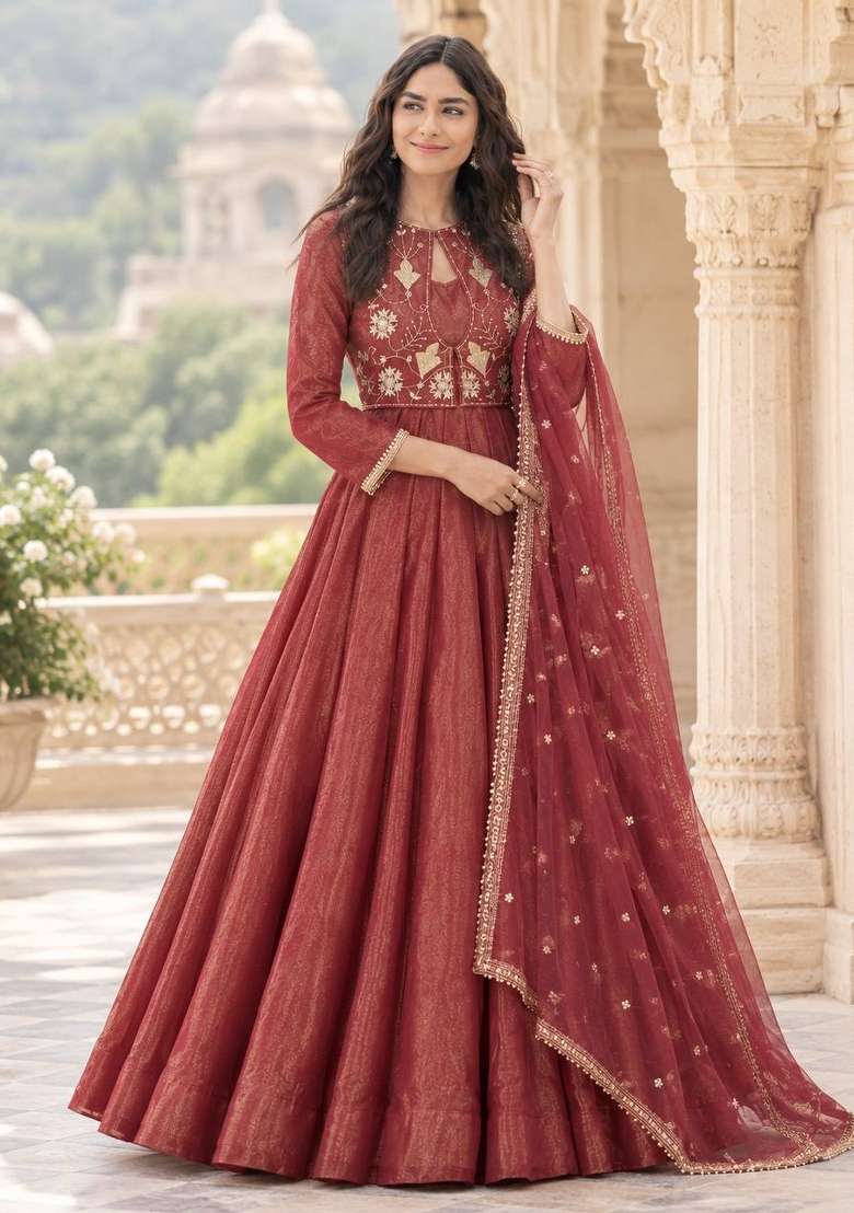 Brown Embroidery Silk Kurta Set - Indya
