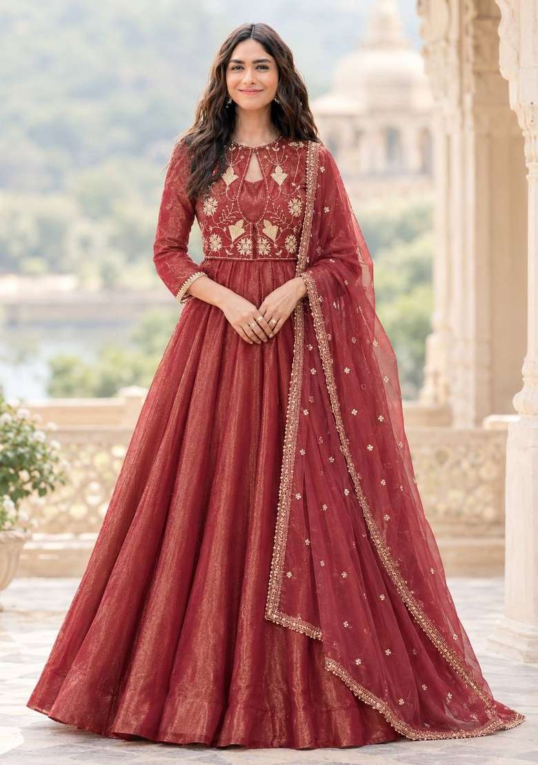 Brown Embroidery Silk Kurta Set - Indya