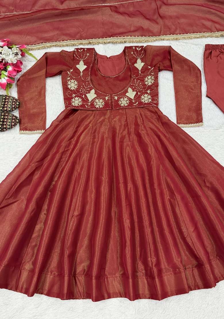 Brown Embroidery Silk Kurta Set - Indya