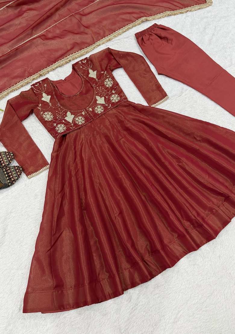 Brown Embroidery Silk Kurta Set - Indya