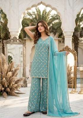 Sky Blue Embroidery Georgette Palazzo Set