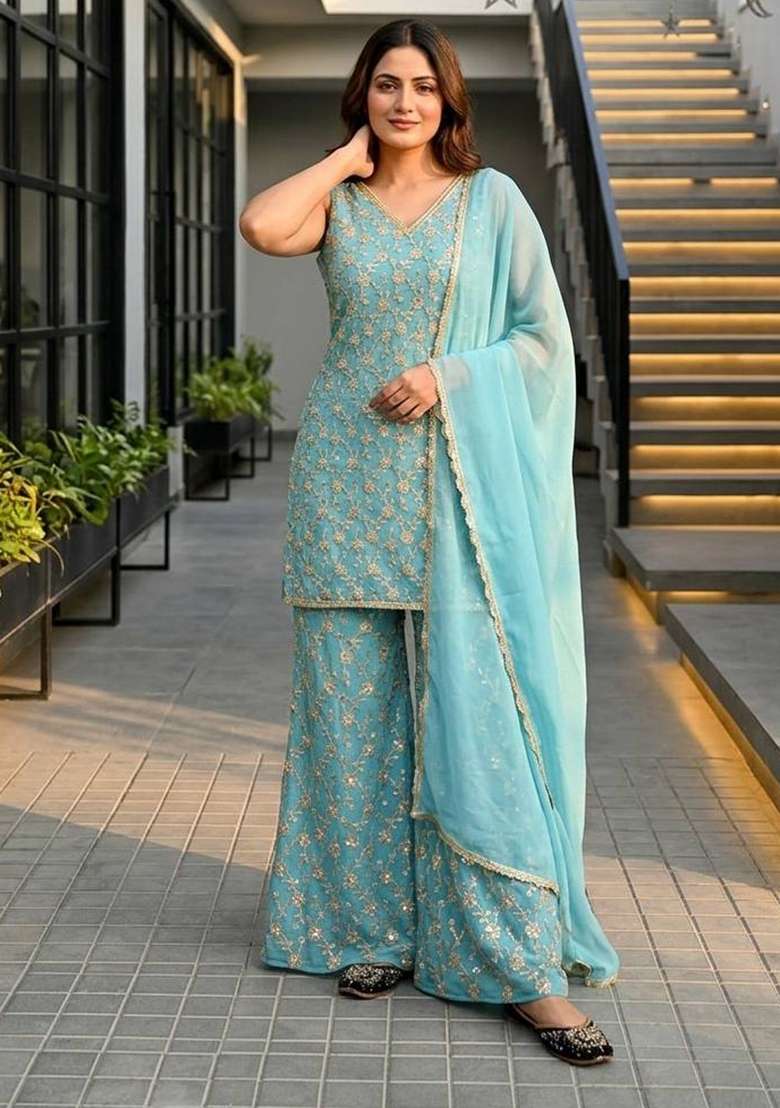 Sky Blue Embroidery Georgette Palazzo Set - Indya