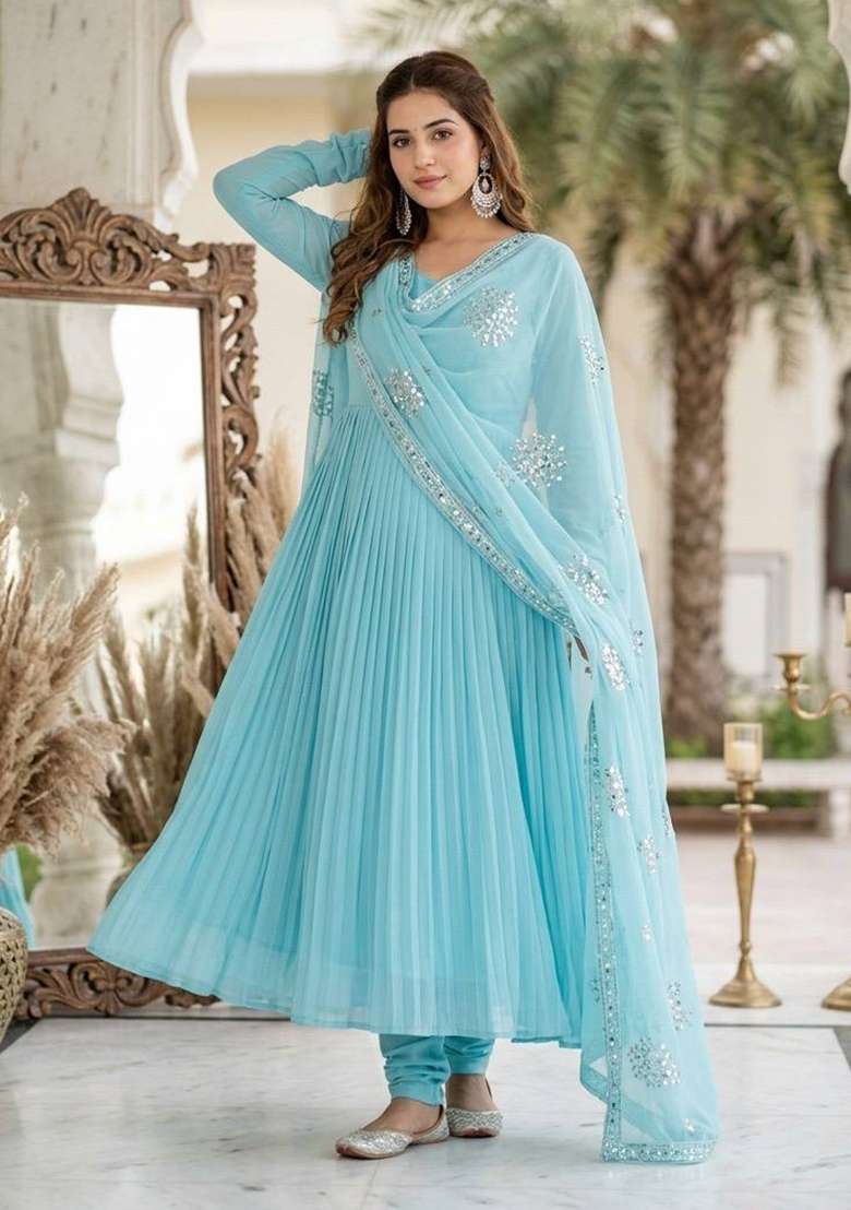 Sky Blue Embroidery Georgette Palazzo Set - Indya