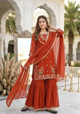 Rust Embroidery Georgette Palazzo Set