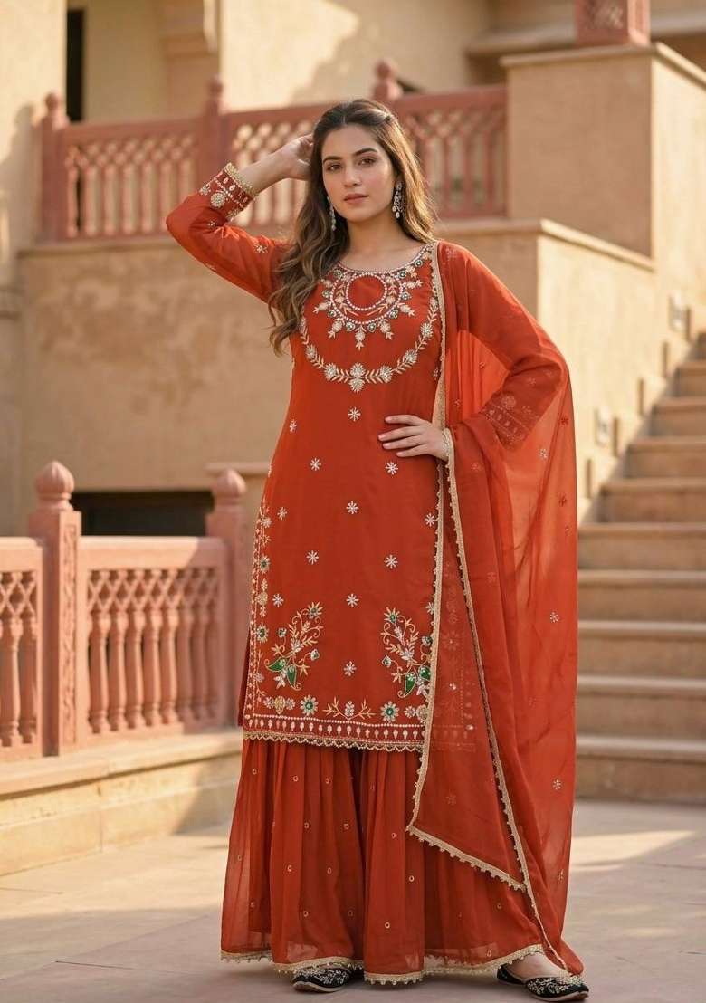 Rust Embroidery Georgette Palazzo Set - Indya