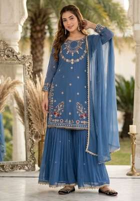 Sky Blue Embroidery Georgette Palazzo Set