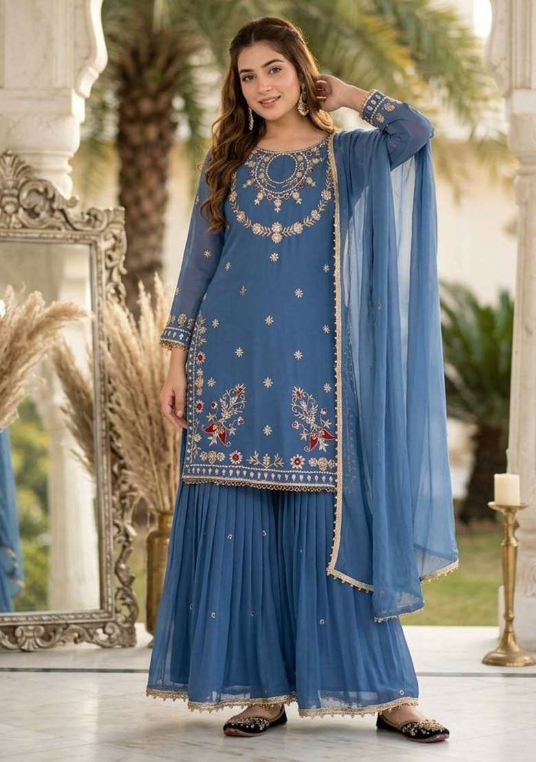 Sky Blue Embroidery Georgette Palazzo Set - Indya