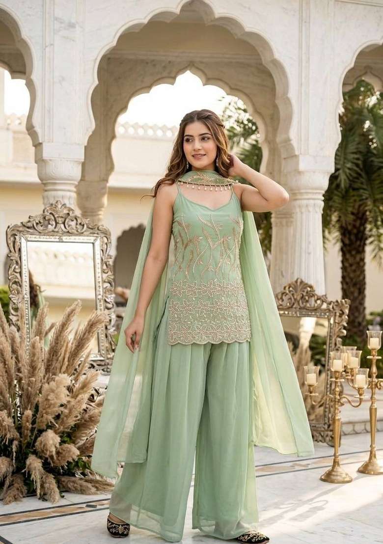 Pista Embroidery Fuax Georgette Palazzo Set - Indya