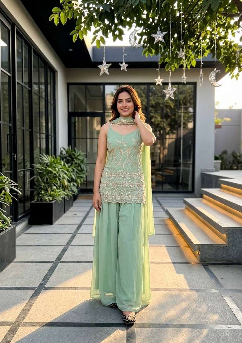 Pista Embroidery Fuax Georgette Palazzo Set - Indya
