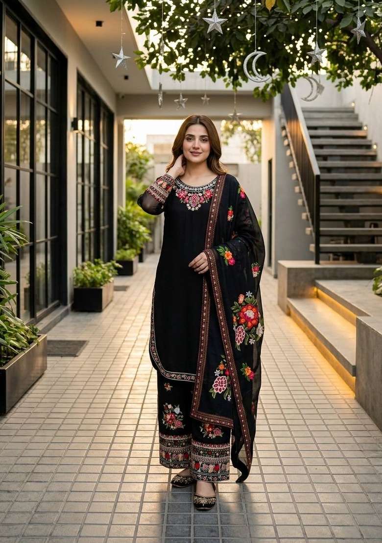 Black Embroidery Fuax Georgette Palazzo Set - Indya