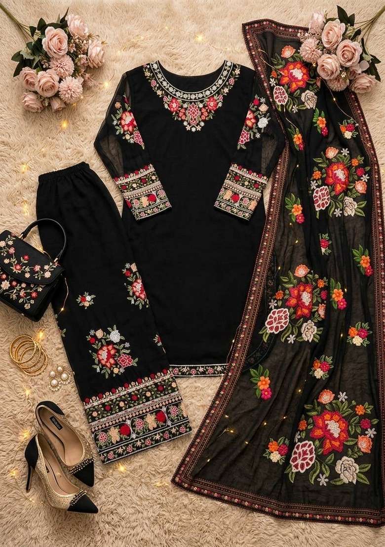 Black Embroidery Fuax Georgette Palazzo Set - Indya