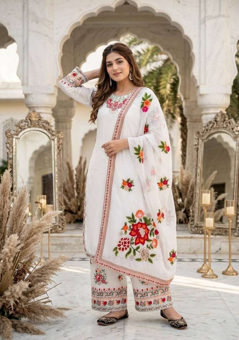 White Embroidery Fuax Georgette Palazzo Set - Indya