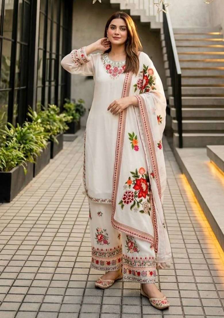 White Embroidery Fuax Georgette Palazzo Set - Indya