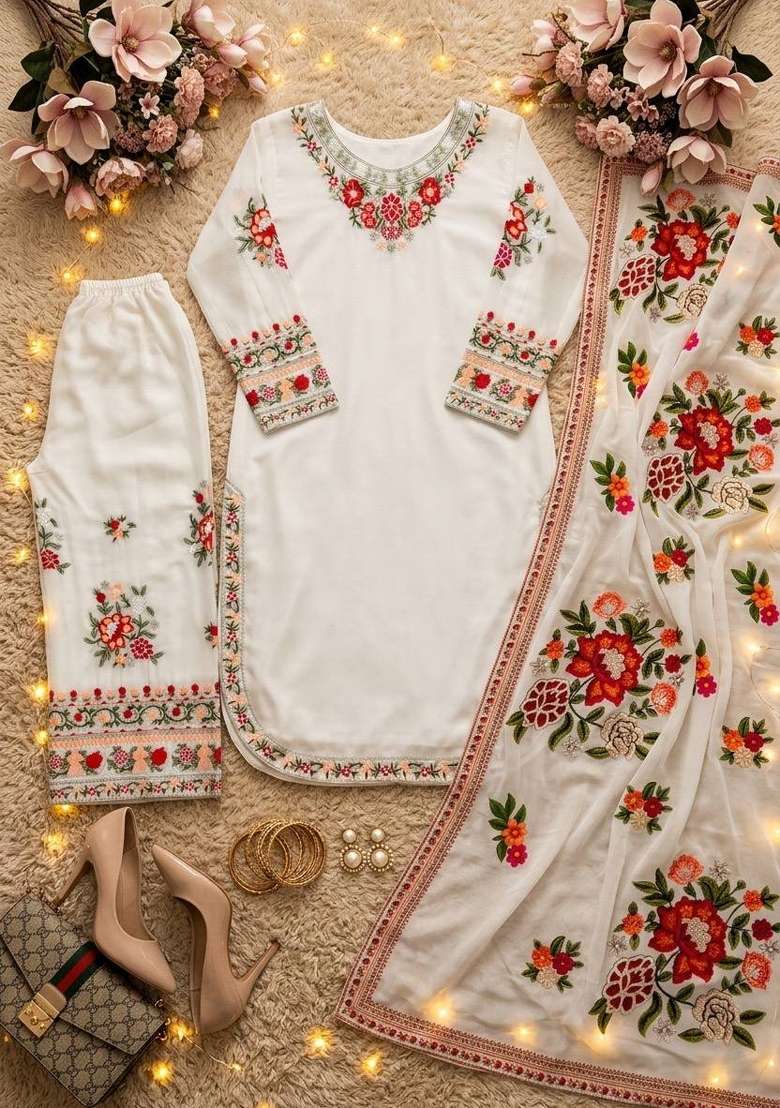 White Embroidery Fuax Georgette Palazzo Set - Indya