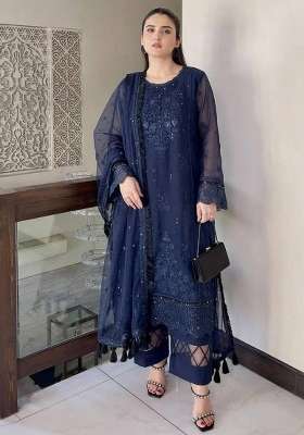 Blue Embroidery Organza Palazzo Set