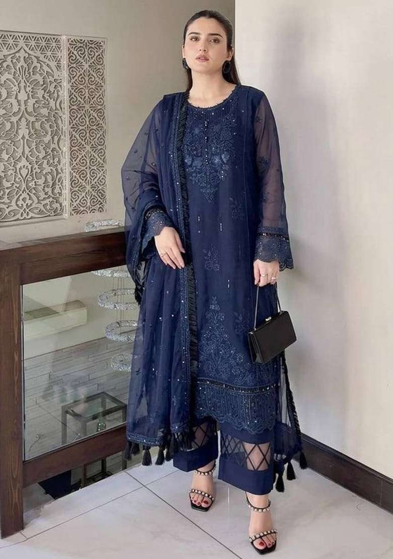 Blue Embroidery Organza Palazzo Set - Indya