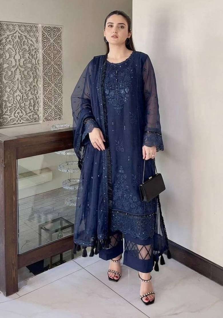 Blue Embroidery Organza Palazzo Set - Indya