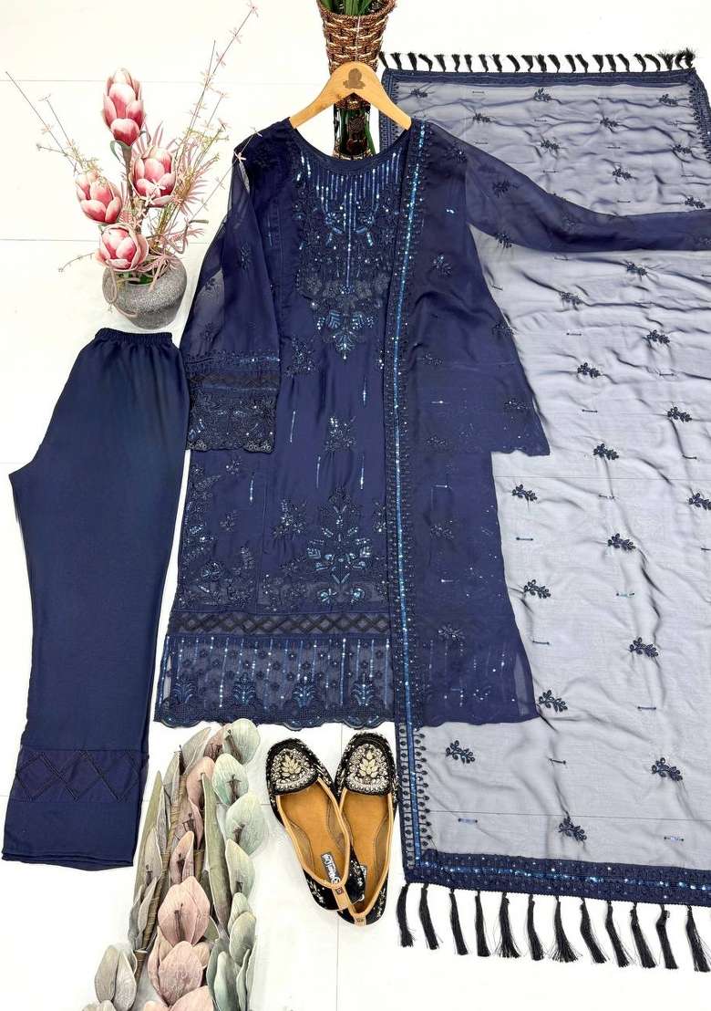 Blue Embroidery Organza Palazzo Set - Indya