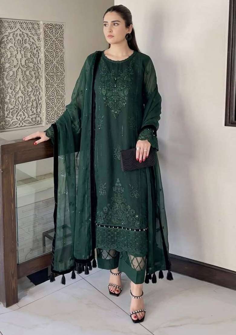 Green Embroidery Organza Palazzo Set - Indya