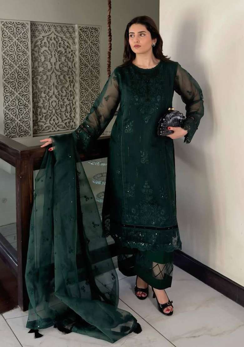 Green Embroidery Organza Palazzo Set - Indya