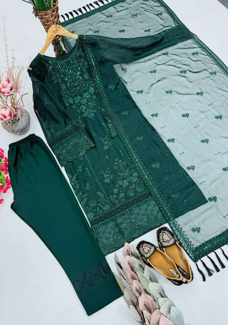 Green Embroidery Organza Palazzo Set - Indya