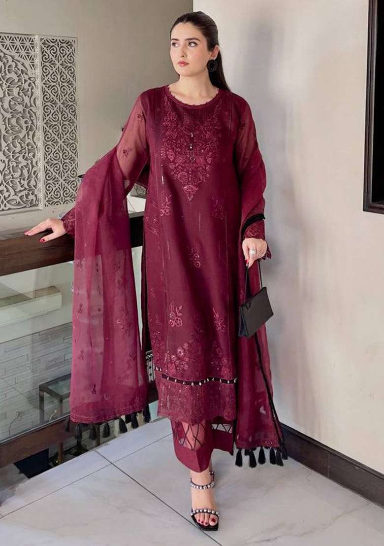 Maroon Embroidery Organza Palazzo Set - Indya