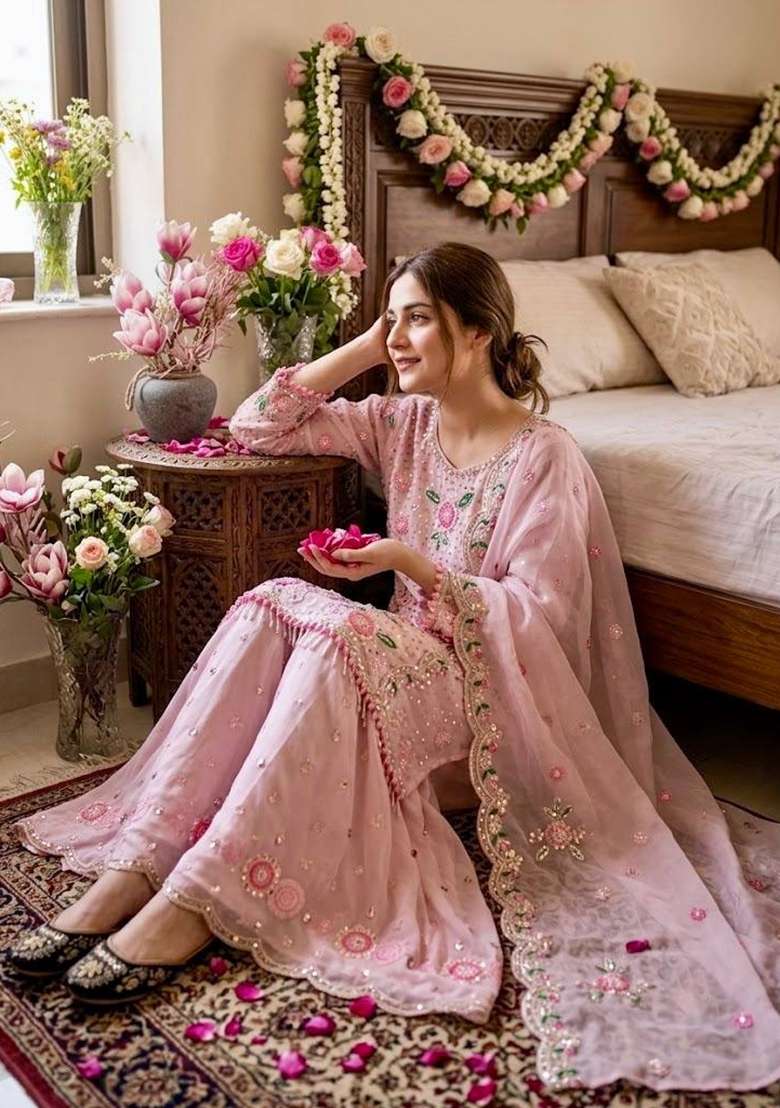 Pink Embroidery Georgette Palazzo Set - Indya