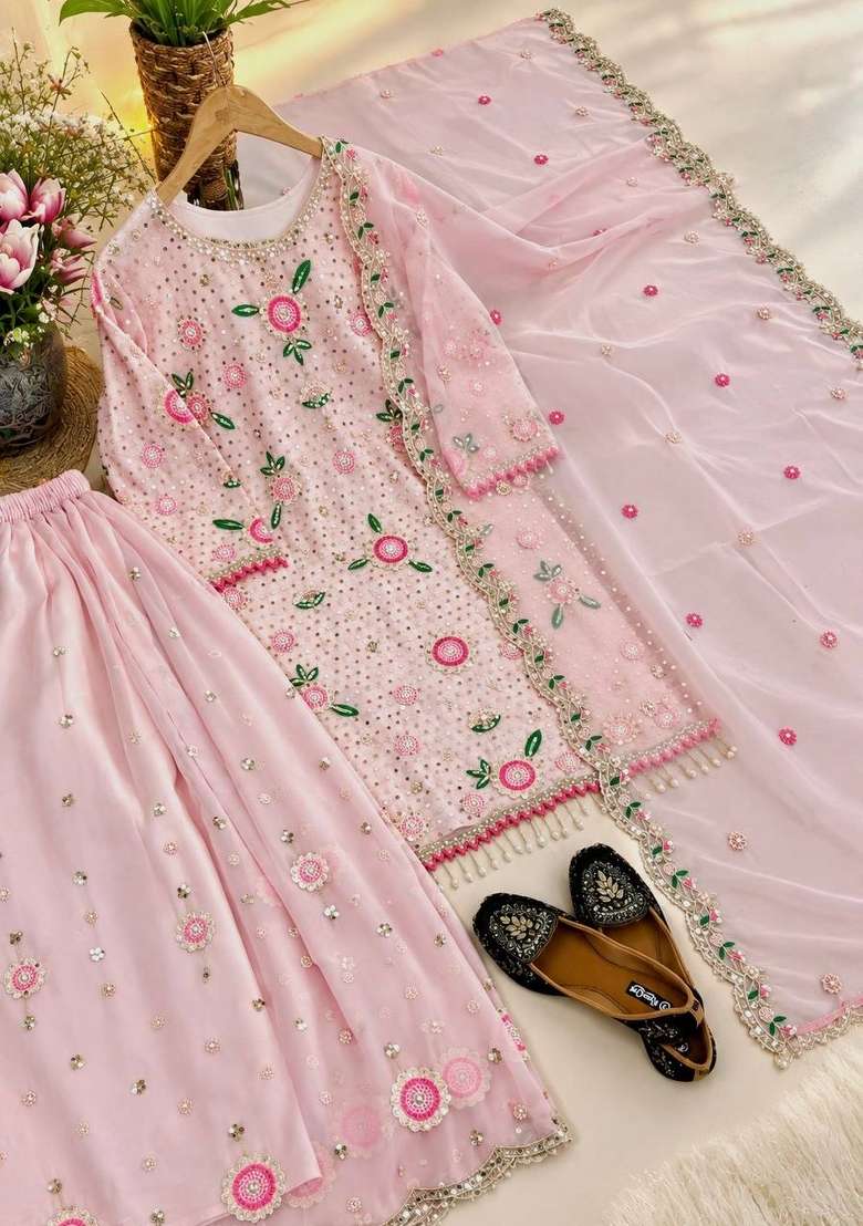 Pink Embroidery Georgette Palazzo Set - Indya