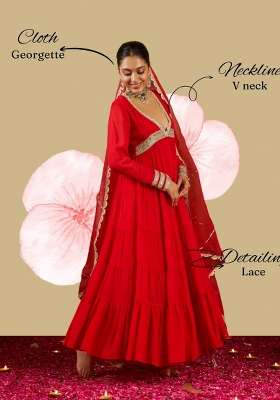 Red Embroidery Georgette Gown Set