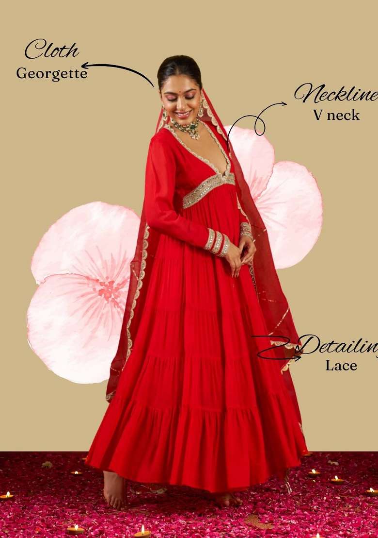 Red Embroidery Georgette Gown Set - Indya
