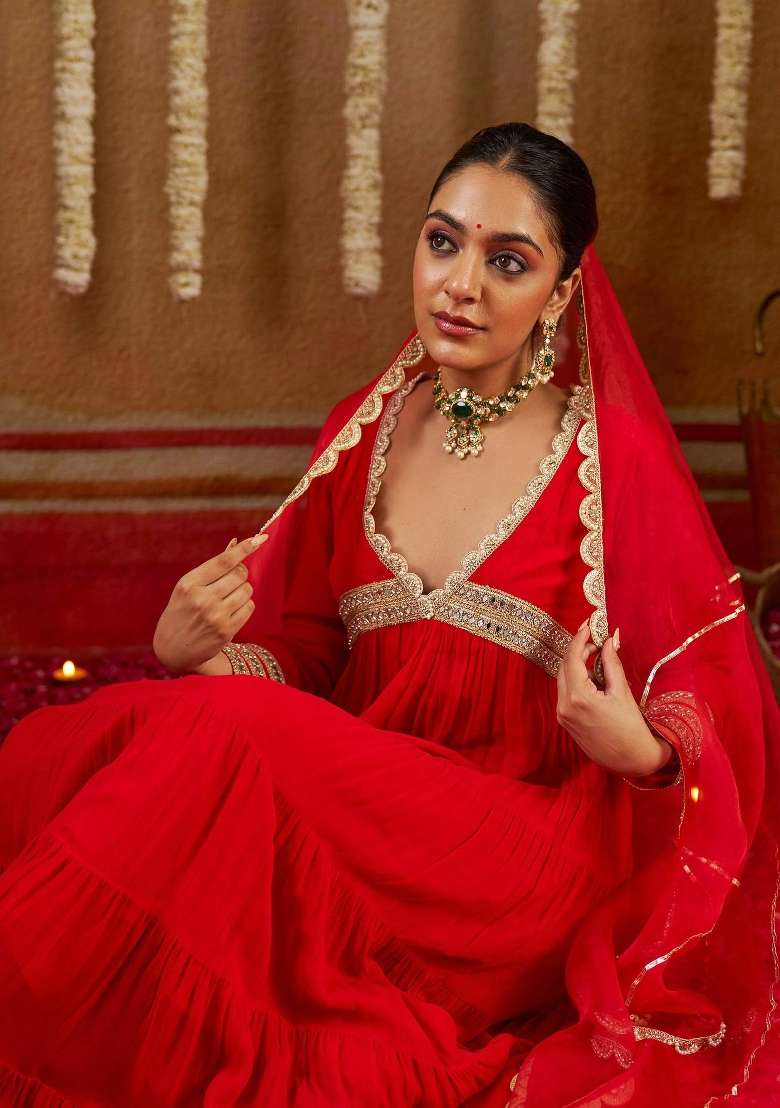 Red Embroidery Georgette Gown Set - Indya