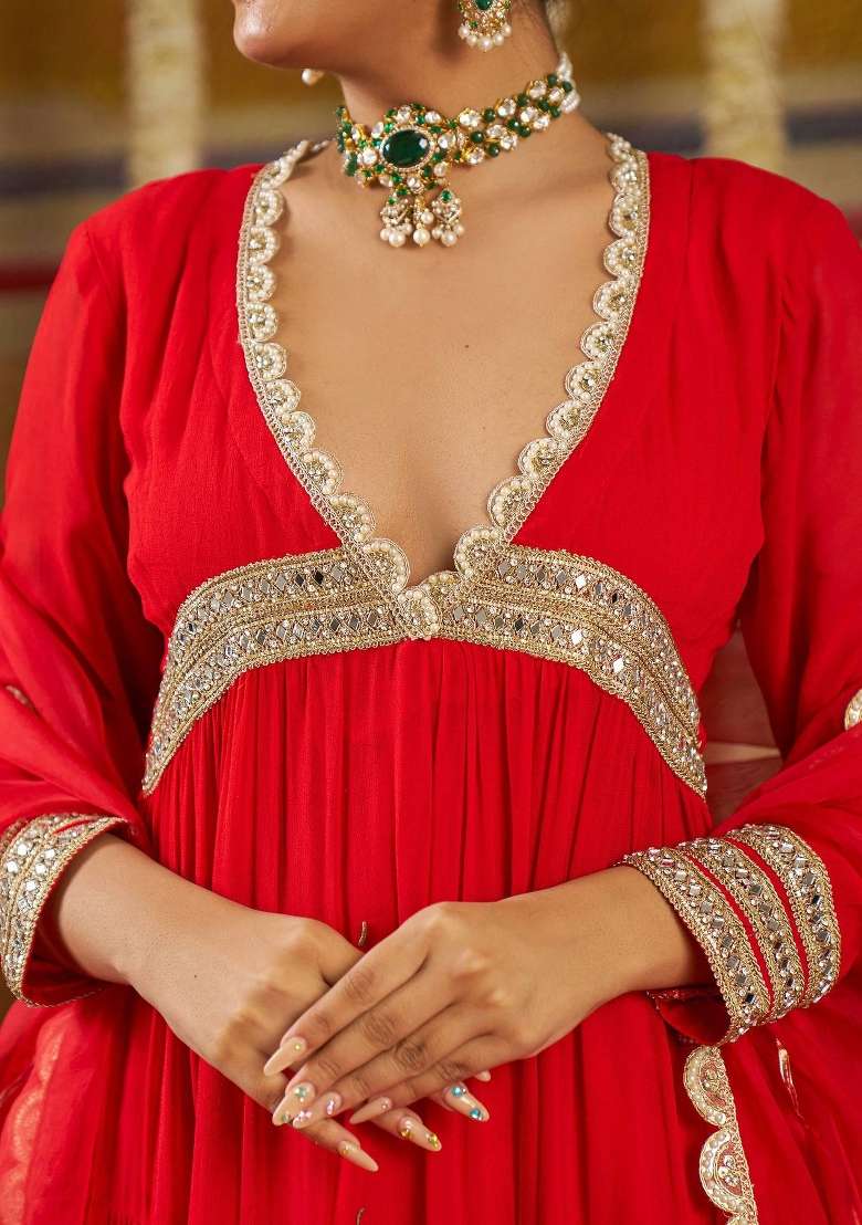 Red Embroidery Georgette Gown Set - Indya