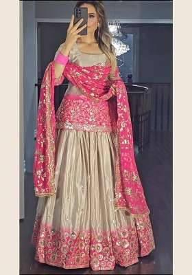 Peach Embroidery Chinon Kurta Set