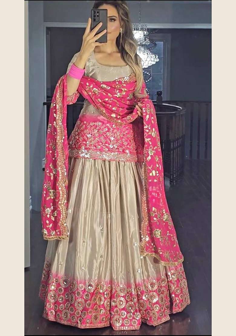 Peach Embroidery Chinon Kurta Set - Indya