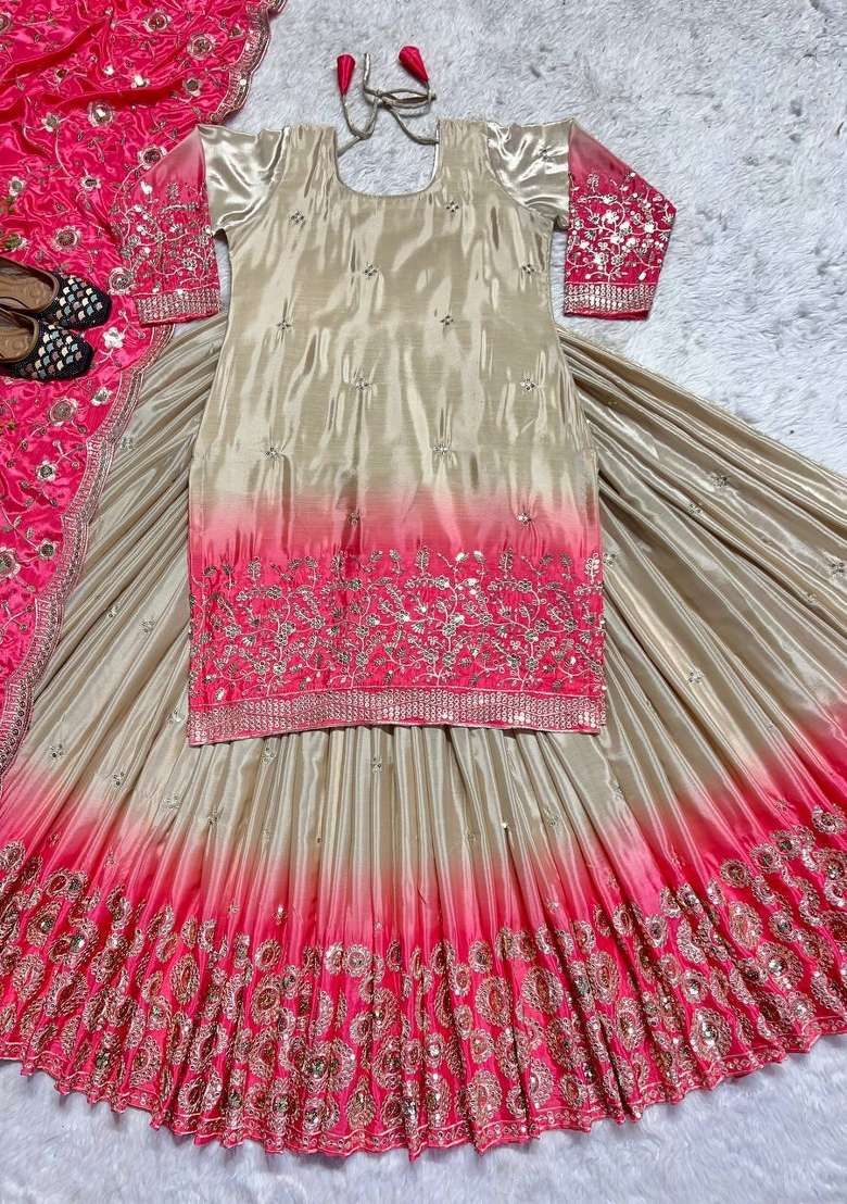 Peach Embroidery Chinon Kurta Set - Indya