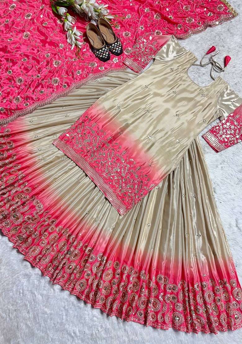 Peach Embroidery Chinon Kurta Set - Indya