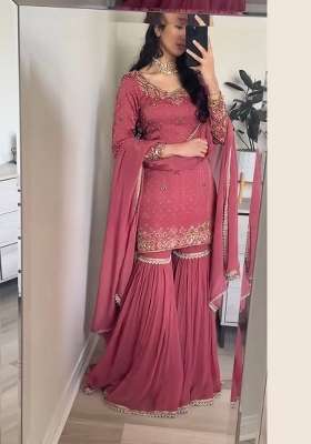 Peach Embroidery Chinon Palazzo Set