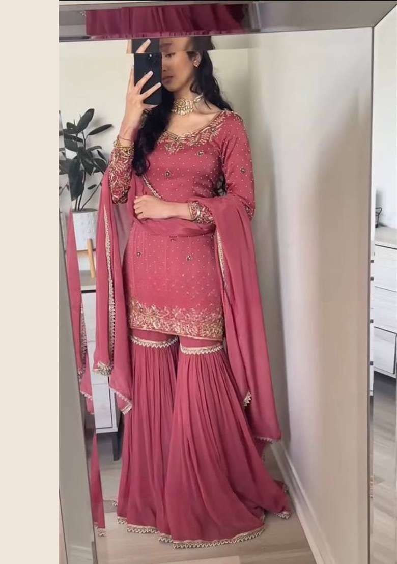 Peach Embroidery Chinon Palazzo Set - Indya