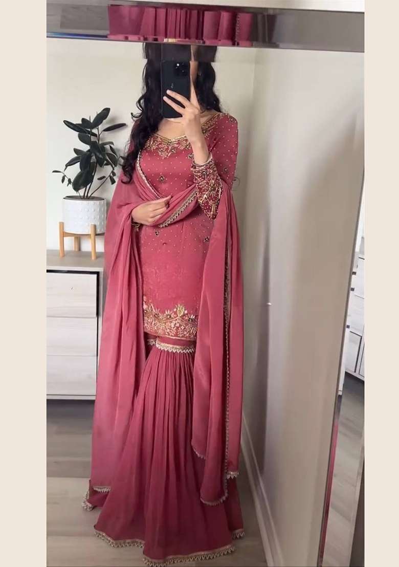 Peach Embroidery Chinon Palazzo Set - Indya